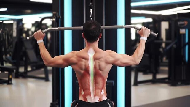 Focused Individual Executing Lat Pulldown Exercise in Modern Gym