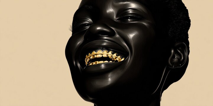 Close-up portrait of a joyful Black person with gold grillz and smooth, dark skin