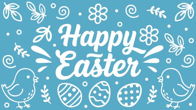 Festive Happy Easter lettering with decorative eggs, cute birds, and floral elements on blue background. Perfect for spring celebration, holiday greeting, seasonal promotion, and cheerful content.