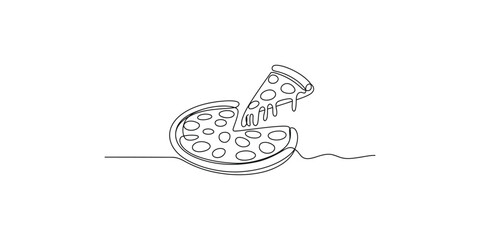 Obraz premium Continuous line drawing of a delicious pizza with one slice being lifted up from the pie.