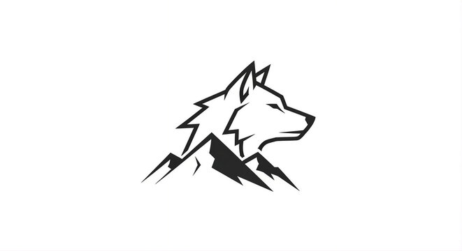 A minimalist and modern logo design combining the head of a wolf with a mountain silhouette using negative space. A clean vector graphic ideal for branding, outdoor companies, or adventure themes. Iso