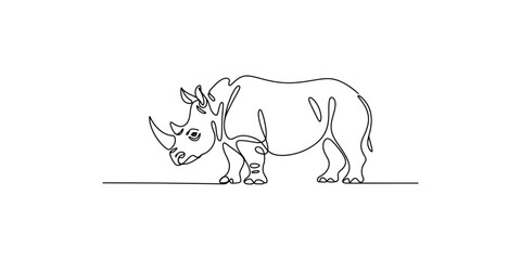 Continuous line drawing of a rhinoceros standing on a horizon line in minimalist style. © Line Art