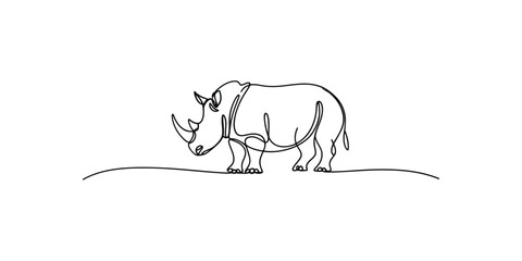 Minimalist one line continuous drawing of a majestic rhinoceros standing on a simple horizon. © Line Art