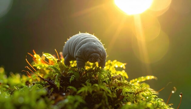 An Extreme Tardigrade Waterbear Clinging to Vibrant Green Moss Under Warm Sunlight