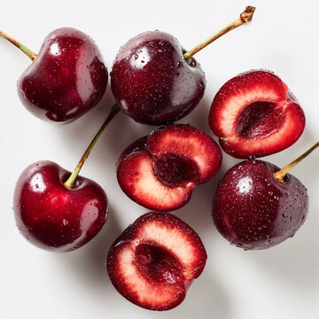 few red cherries cutted on half and ew whole cherries on a white background, top view 