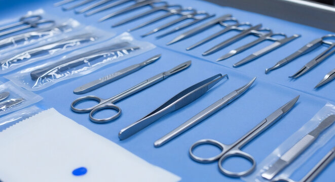 Surgical tools arranged on sterile blue tray for medical procedures