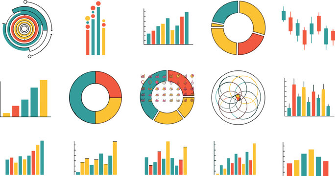 Colorful data visualization chart collection, business analytics icons, statistical infographic elements, abstract presentation graphics, modern dashboard design set, vector illustration