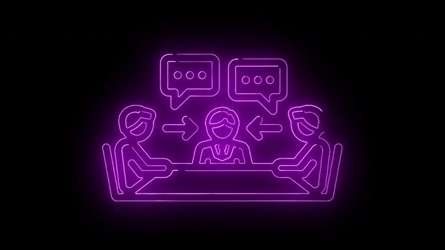 Neon purple line illustration of three people discussing with speech bubbles in a meeting.