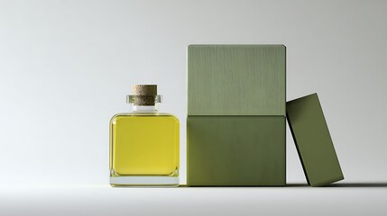 Square glass bottle of yellow liquid stands next to stacked green product packaging.
