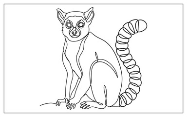 Alert lemur with large eyes and bushy striped tail, a simple outline drawing in vector format © Unique studio