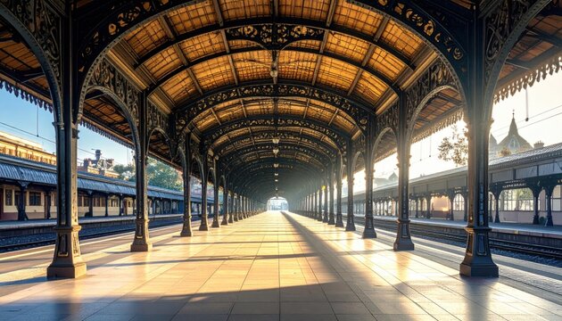 Intricate wrought ironwork of a grand historical railway station canopy with sunlight casting long shadows on the platform