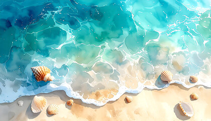 波打ち際の貝の水彩イラスト_generated by AI