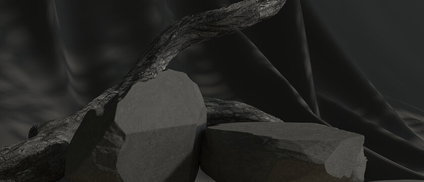 3D product background showing old timber and stone podium for presentation of cosmetics, 3D illustration. 3D rendering