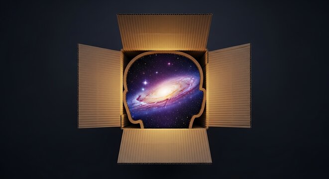 Surreal conceptual art of a galaxy inside a human head silhouette within an open cardboard box. Symbolizing mental potential, infinite imagination, consciousness, and thinking outside the box.