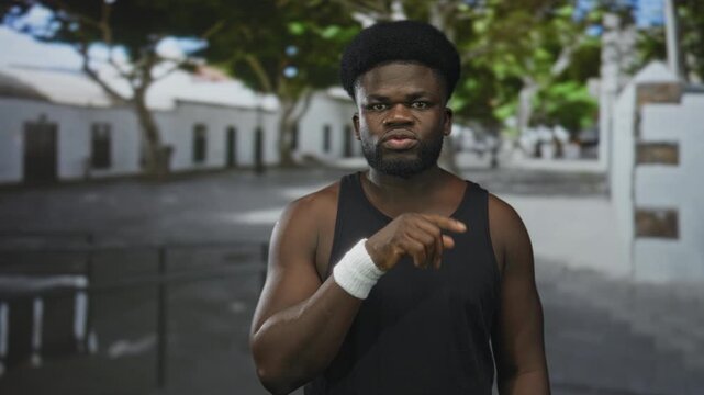 Man with finger to lips for silence on street in black tank top and white wristband showing bare forearm and focused stare; quiet focus.