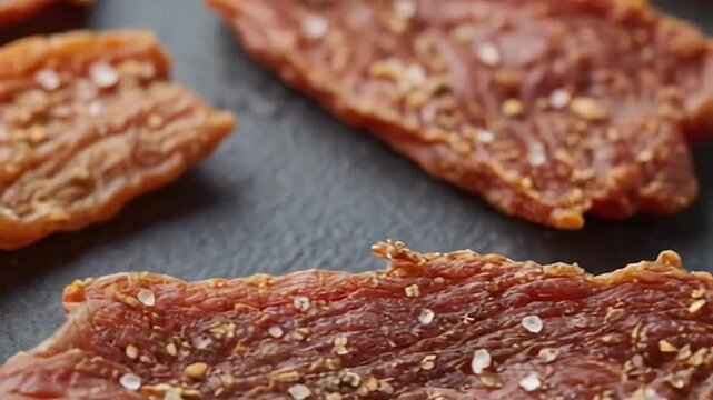 Close-up view of delicious seasoned dried meat slices on a dark surface