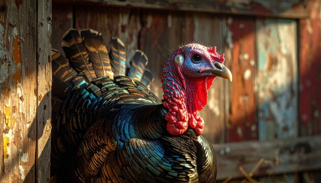 Majestic Mature Turkey with Iridescent Plumage in Rustic Barn Setting