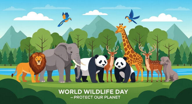 World wildlife day illustration with diverse animals in a natural habitat