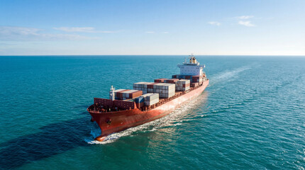 a large cargo ship sails through the open sea with waves gently lapping against