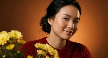 Fototapeta premium Cinematic portrait of a beautiful Asian woman in a modern lifestyle or traditional nature setting