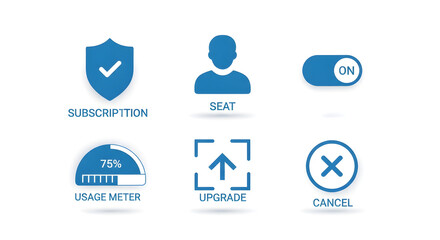 A collection of blue icons representing various digital concepts and actions