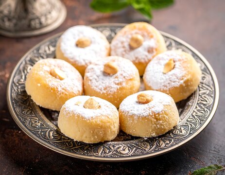 Homemade Eid cookies with powdered sugar and nuts on an ornate plate. Delicious traditional Middle Eastern sweets.