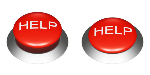 HELPの文字が書かれた赤い押しボタンの3DCGイラスト。ボタンのオンオフの挿絵アイコン