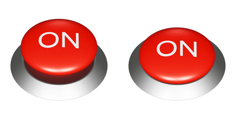 ONの文字が書かれた赤い押しボタンの3DCGイラスト。ボタンのオンオフの挿絵アイコン