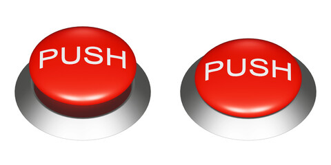 PUSHの文字が書かれた赤い押しボタンの3DCGイラスト。ボタンのオンオフの挿絵アイコン