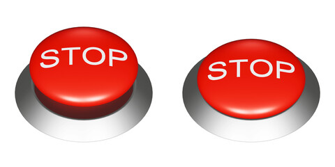 STOPの文字が書かれた赤い押しボタンの3DCGイラスト。ボタンのオンオフの挿絵アイコン