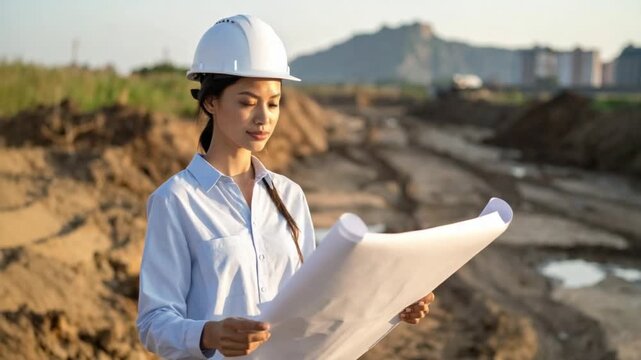 Professional woman in hard hat examining construction site plans