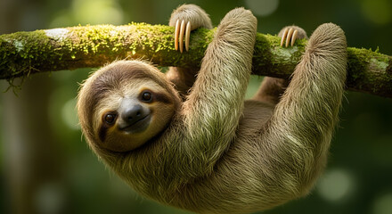 Fototapeta premium A young slow moving mammal hanging from a branch