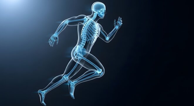 3d render of human skeleton running anatomy and motion
