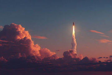 A rocket ship blasts off into the sky with a trail of flames and smoke at sunset or sunrise