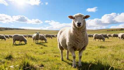 Obraz premium Flock of sheep grazing on a lush green pasture under a bright blue sky with scattered clouds. Sunny day, pastoral landscape, agricultural scene, rural environment, woolly animals.