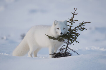 Fototapeta premium Arctic Fox in Snowy Landscape Holding a Small Pine Tree.