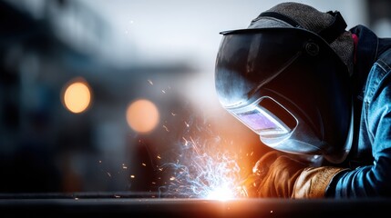 Professional welder in protective gear working on metal project, sparks flying in workshop environment at dusk