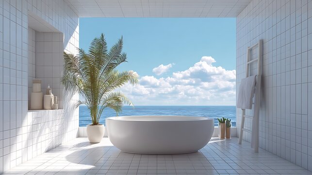 Luxurious oval bathtub overlooks a vast, clear blue ocean through a large window opening.