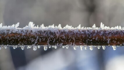 Close-up of icicles hanging from a frosty branch in a winter landscape