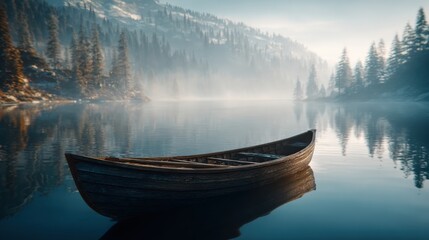 Serene Morning Scene with a Wooden Boat on Calm Water Surrounded by Mystical Fog and Majestic Pine Trees