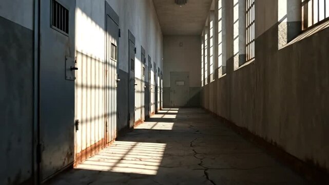 An empty prison corridor with sunlight casting shadows on cracked floors.