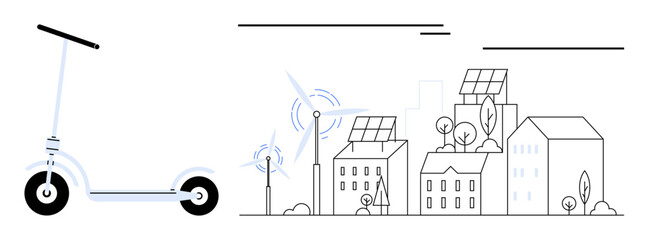 Electric scooter beside city skyline featuring solar panels, wind turbines, trees, and modern architecture. Ideal for sustainability, urban mobility, innovation, eco-friendly transport, green cities © robu_s