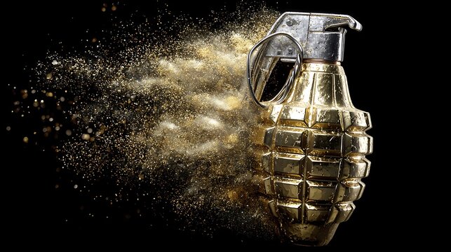 Gold grenade symbolizing explosive financial risk disintegrating into shining particles.