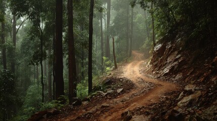Fototapeta premium Serene Winding Path Through Lush Green Forest Surrounded by Misty Atmosphere in Nature Scenery