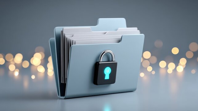 A blue file folder filled with documents secured by a padlock symbolizing data protection and privacy.