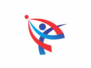 Modern abstract logo design, stylized human icon with curved ribbons, concept for success, growth, and teamwork.