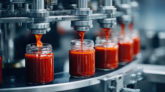 Bottles are filled with red sauce on an automated production line in a modern food processing factory.