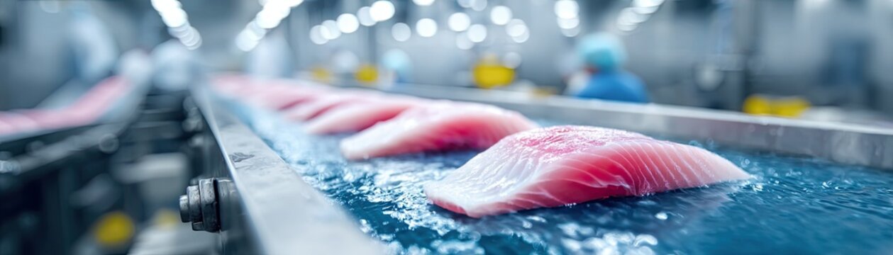 Conveyor belt transporting fresh fish fillets in a modern, hygienic seafood processing facility.
