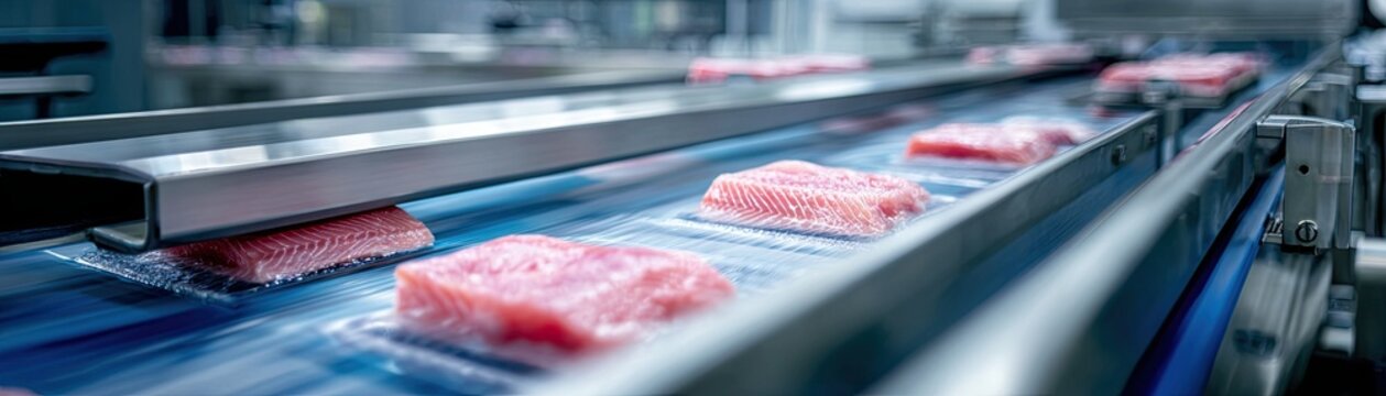 Salmon fillets moving swiftly on a conveyor belt in a modern food processing plant.