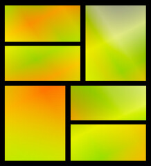 Fototapeta premium Cheerful lime and citrus gradients illuminate a geometric panel grid on black, creating a lively, optimistic background great for summer campaigns, wellness brands, or apps.